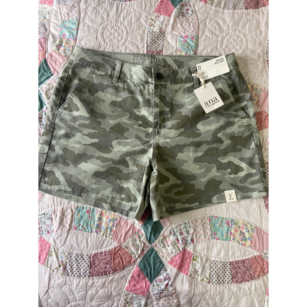ANA A New Approach Womens Camo Mid-Rise Midi Shorts Green Camouflage Size 12 NWT - Picture 2 of 7